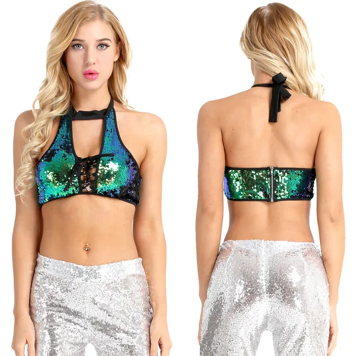 Anal | Perfectly Incorrect Mermaid Green to Black Flip Sequin Halter Lace Up Top