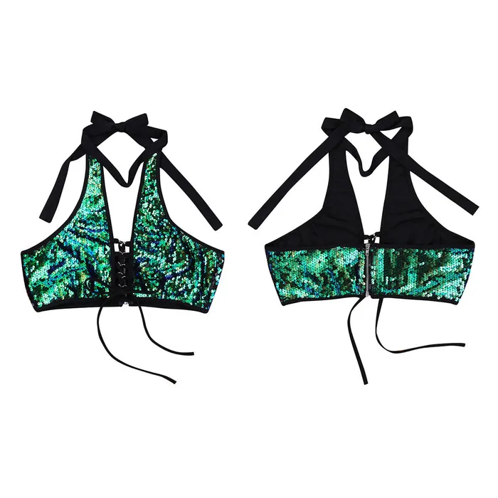 Anal | Perfectly Incorrect Mermaid Green to Black Flip Sequin Halter Lace Up Top