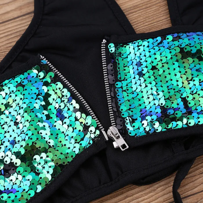 Anal | Perfectly Incorrect Mermaid Green to Black Flip Sequin Halter Lace Up Top
