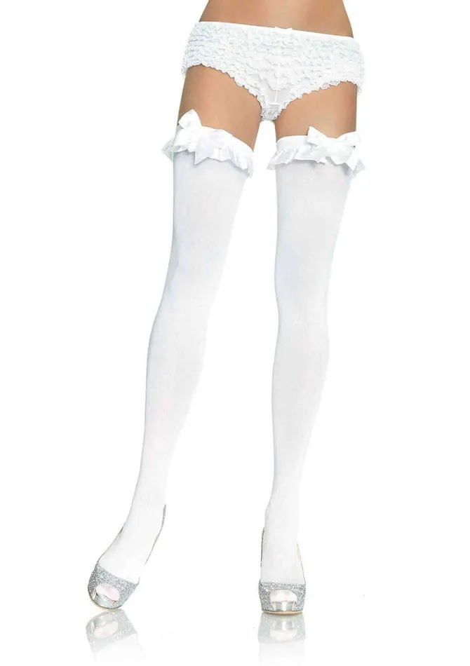 Opaque Thigh Highs With Satin Ruffle Trim and Bow One Size Leg Avenue Male Sex Toys